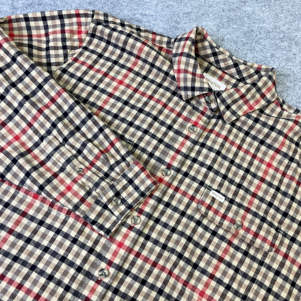 Brixton Mens Plaid Button Up Shirt M Tan Red Black Long Sleeve Cotton Classic